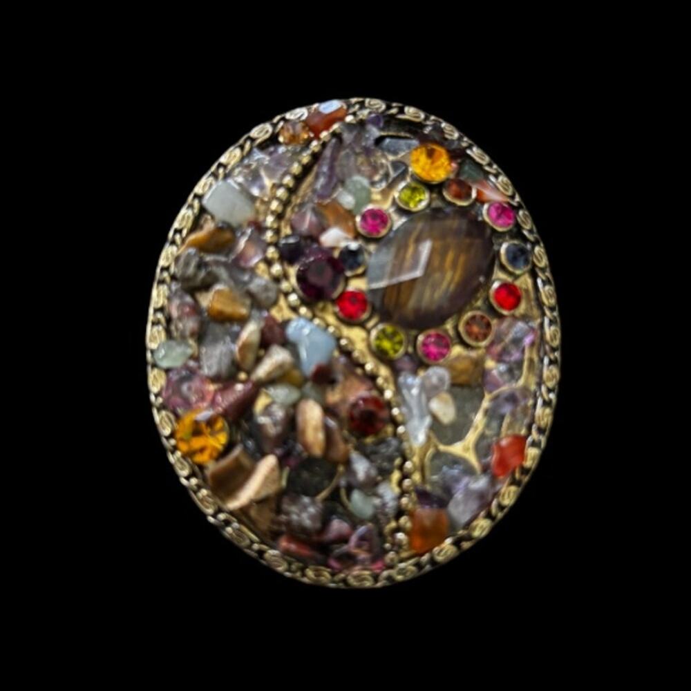 Vintage Multi Gemstone Shards and Rhinestone Studded Gold-Toned Oval Brooch